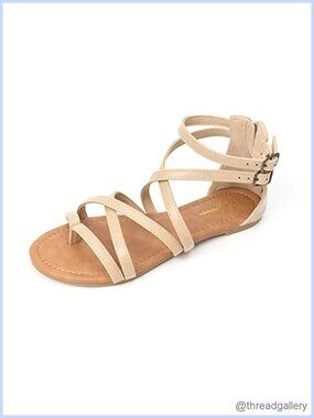 Luffymomo Gladiator Strap Sandals PU Ankle Strap Flats